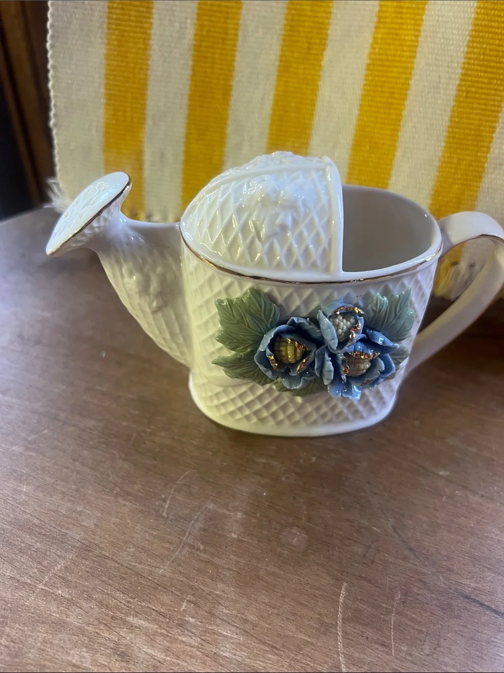 Vintage White Ceramic Watering Can Vase with Blue Floral Accents